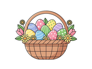 Easter Basket Filled With Colorful Decorated Eggs and Flowers.