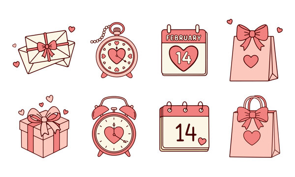 Valentine&rsquo;s Day Gift Set: Romantic Letters, Calendar and Alarm Clock. Pink Present Box and Shopping Bag Illustration.