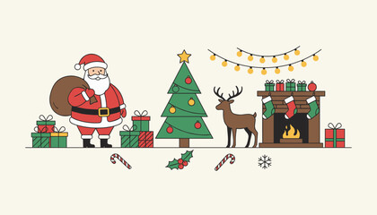 Santa Claus reindeer and Christmas decor illustration gifts tree and festive fireplace setting © Vector Labs