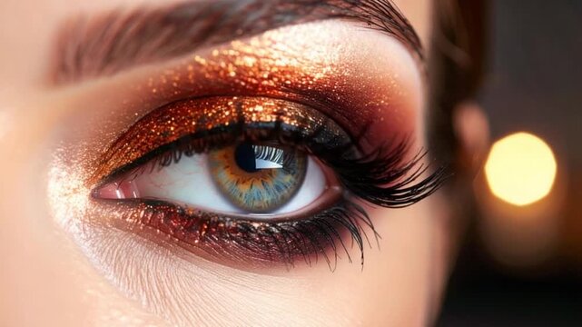 Glamorous eye with shimmering bronze glitter eyeshadow and dramatic lashes