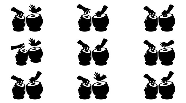 Silhouette Set of Hands Playing Tabla Drums Vector. Musician Performing Indian Classical Percussion Instrument. Various Rhythmic Gestures and Mudra Strokes Illustration.