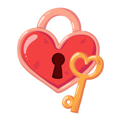Red heart lock with golden key. Romantic Valentine symbol. Vector isolated cartoon illustration on white background