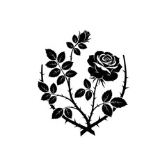 Black Rose with Thorns and Leaves.