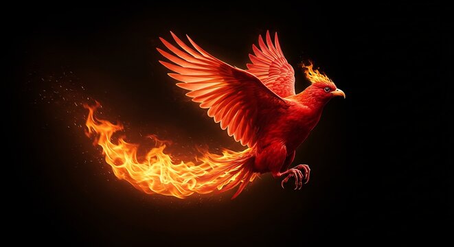 漆黒の空間に燃え上がる鮮烈な赤色の炎が輝き力強く羽ばたく不死鳥の姿その神秘的な光は暗闇に希望を灯し力強い再生のシンボルとなる幻想的なデジタルアート. AI Generated