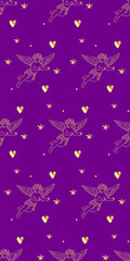 Gold Cupid Angel on Background Pattern. Seamless Vintage Romantic Golden Cherub Wrapping Paper Print. Valentine's Day Greeting Element. Wedding Party Wallpaper Design Christmas Holiday Invitation 