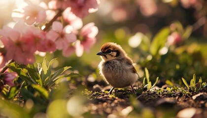 A small bird standing on the ground amidst pink flowers and greenery