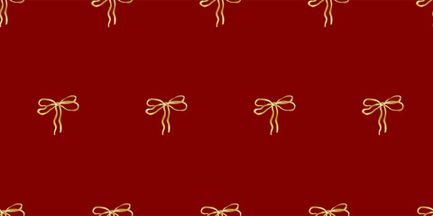 Gold Bow Isolated on Red Background Pattern. Seamless Vintage Romantic Golden Bow Wrapping Paper Print. Valentine's Day Greeting Element. Wedding Party Wallpaper Design. Christmas Holiday Invitation 