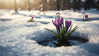 A cluster of vibrant purple crocuses bloom through melting snow in spring