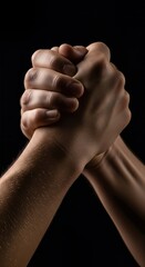 Close-up of two strong hands locked in a firm handshake or arm wrestling grip against a dark background.