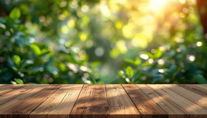 A wooden table in a serene outdoor setting with lush greenery and sunlight
