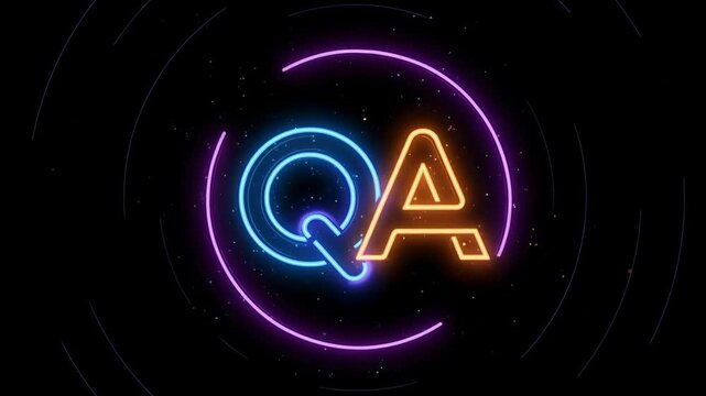 Neon glow light circle ring letter quality assurance pulsate on dark background, cyberpunk luminous scene with blue orange orbit halo