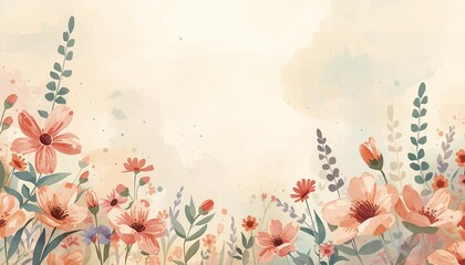 A beautiful floral landscape with pink flowers and green leaves