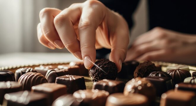 Hand selecting a gourmet chocolate truffle from a variety of decadent treats.