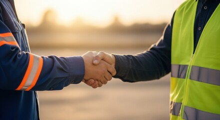 Naklejka premium Two Men in Work Clothes Shaking Hands at Sunset, Business Deal and Partnership
