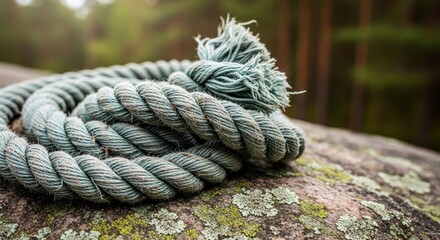 Fototapeta premium Thick Rope Coiled on a Mossy Rock in a Forest, Close-up Detail