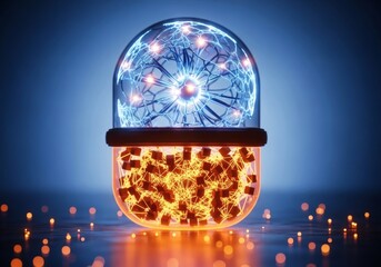 Abstract glowing capsule with internal network and particles.