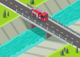 Fire trucks crossing the bridge