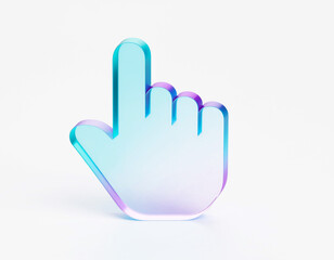 Isometric glossy 3D hand pointer with a blue‑to‑purple gradient and raised index finger on a white background, symbolizing touch, click, and modern digital interaction.
