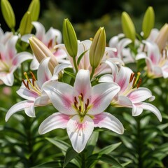 Fototapeta premium Elegant White and Pink Lilies in Full Bloom, Close-Up View.