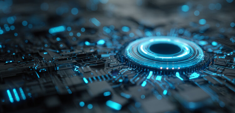Futuristic blue digital technology background with glowing concentric circles and intricate circuit patterns