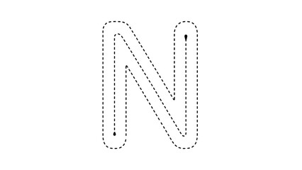 Dotted line letter n outline with arrows for kids to practice writing alphabet