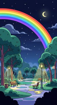 Enchanting Night Park Scene with Rainbow and Crescent Moon.