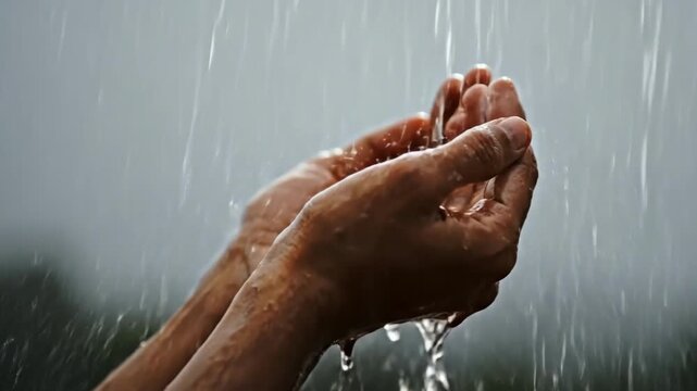 Cinematic Spiritual 4K Slow Motion of Muslim Hands Catching Pure Water Drops for Islamic Wudu Ablution Ritual