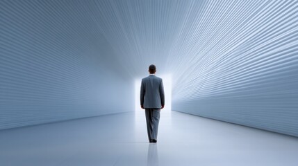 Obraz premium Business professional walking towards bright light in modern corridor, symbolizing hope, opportunity, and new beginnings in a sleek, minimalistic environment