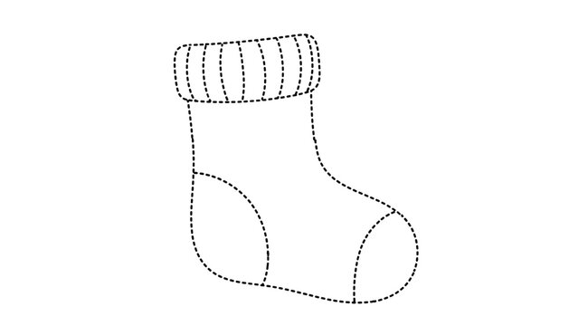 A black and white line drawing of a christmas stocking with ribbed cuff