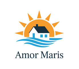 Fototapeta premium House by the Sea Logo with Sun and Waves, Amor Maris Brand Identity