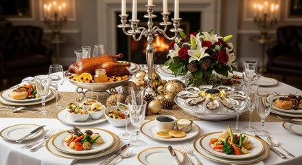 Fototapeta premium Exquisite Holiday Feast - A Lavish Table Setting for Celebration.