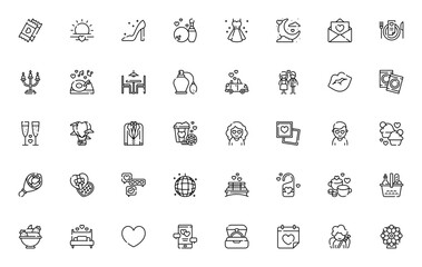 Romantic Date Night icon set. Vector illustrations featuring couple, kiss, sunset, dinner, cinema, love letter, perfume, champagne, diamond ring and more. Editable line icons.
