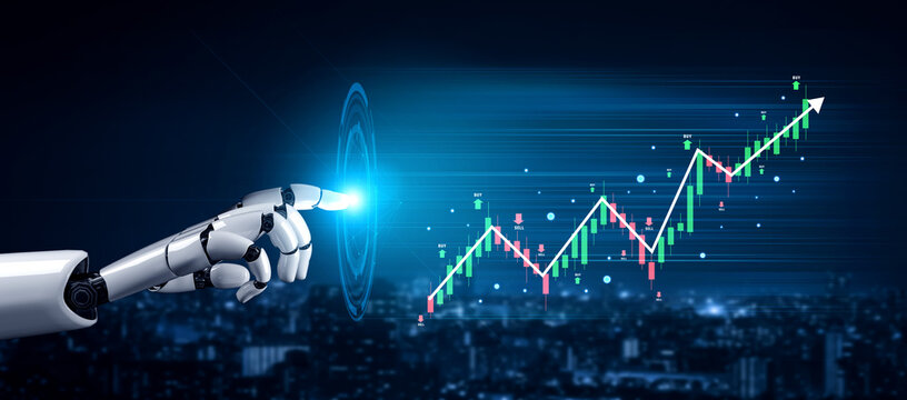 An AI analysis of a stock market candlestick chart showing a bull trend. A concept of AI financial investment with automated trading signals. Motif