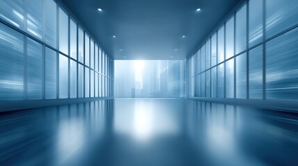 Abstract modern interior space with panoramic windows showing city skyline, bright light and sleek design, perfect for corporate or creative projects