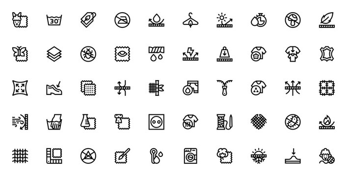 Fabric features icon set. Vector icons pack for textiles and materials. Includes alpaca, cotton, silk, leather, waterproof, breathable, wash care, recycle, and more. Editable stroke.