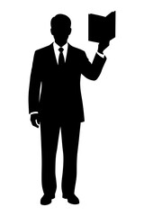 Silhouette of businessman in suit holding open book, representing knowledge and education
