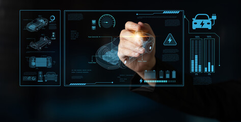 Technical layout of electric vehicle showing battery system, power control, traction motor, charging interface, and integration with renewable and smart energy sources Latch