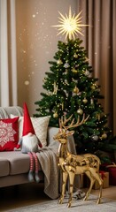Obraz premium Festive Christmas Tree and Golden Reindeer Decoration in Cozy Living Room.