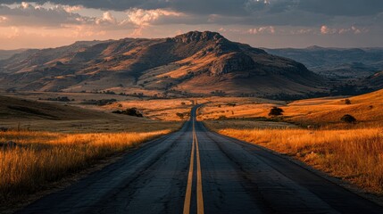 Fototapeta premium Serene Open Road Through Golden Fields Under Dramatic Sky