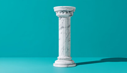 Naklejka premium Elegant white marble classical column featuring simple greek-style fluted design and decorative capital, set against a solid turquoise background