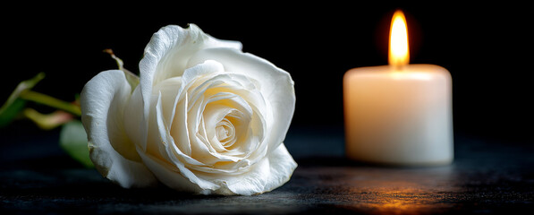 Fototapeta premium Elegant white rose with delicate petal texture lying beside a softly glowing candle on dark surface, creating a peaceful and contemplative atmosphere