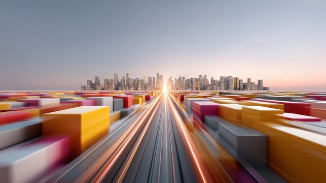A vibrant city skyline emerging from colorful shipping containers, capturing the dynamism of urban life and trade, illuminated by a stunning sunset glow