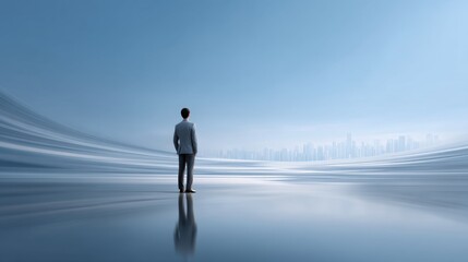 Obraz premium Inspired Businessman Standing Alone on a Serene Landscape with Reflective Water and Urban Background Under a Calm Blue Sky