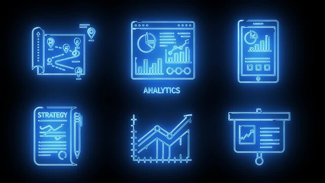Neon-lit business analytics icons on a black background, including graphs and strategy documents.