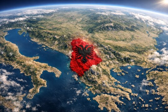A vivid depiction of Albania's map with the national flag showcased prominently, symbolizing pride and identity.