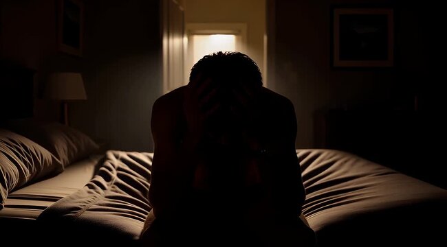 ** Silhouette of Depressed Man Suffering from Insomnia Stress and Mental Health Anxiety