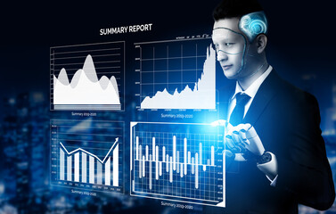 A futuristic businessman interacts with digital graphs and charts, showcasing data analysis in a modern setting, emphasizing innovation and technology in finance. Impute