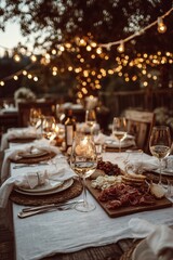 Fototapeta premium Outdoor dinner party setup with white linens, charcuterie, wine glasses and fairy lights. Elegant and romantic ambiance for summer gathering under the stars.