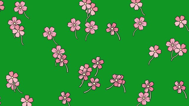 Seamless Pattern of Pink Flowers on Green Background