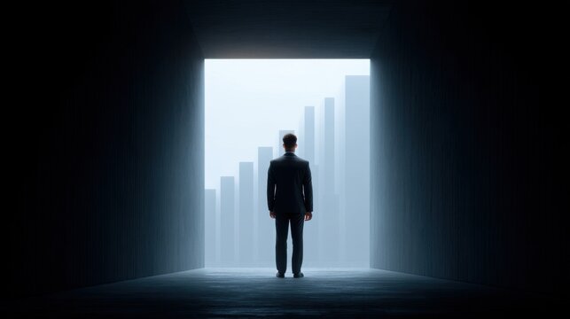 Man in Suit Stands in Dark Tunnel Gazing at Bright Exit with Bar Graphs Representing Growth and Success in a Business Environment